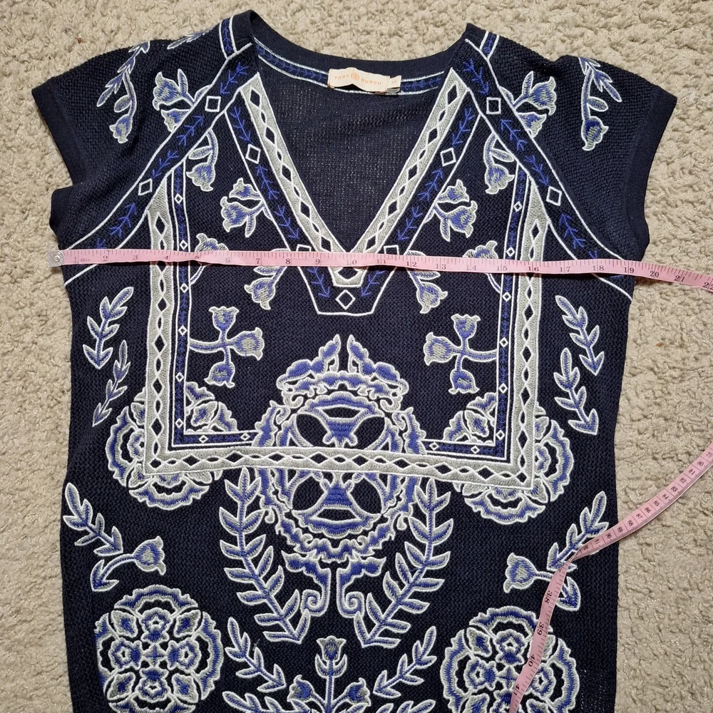 Tory Burch Navy Blue White Embroidery Top Sweater Vest Size SP